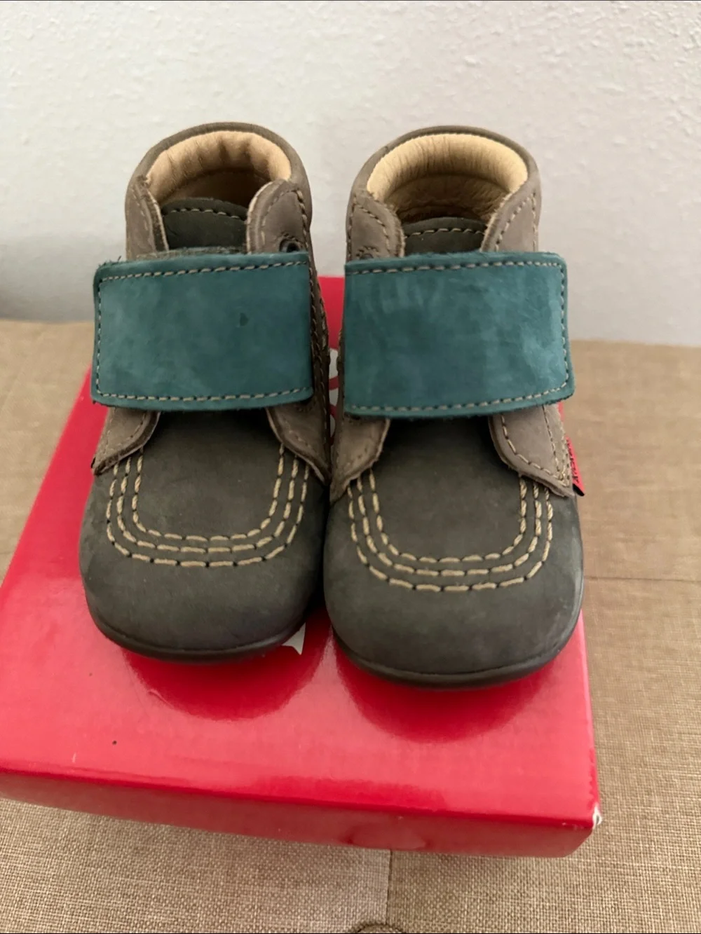 Kickers Bold brown & teal Shoe with velcro strap with Box size 4 baby/toddler